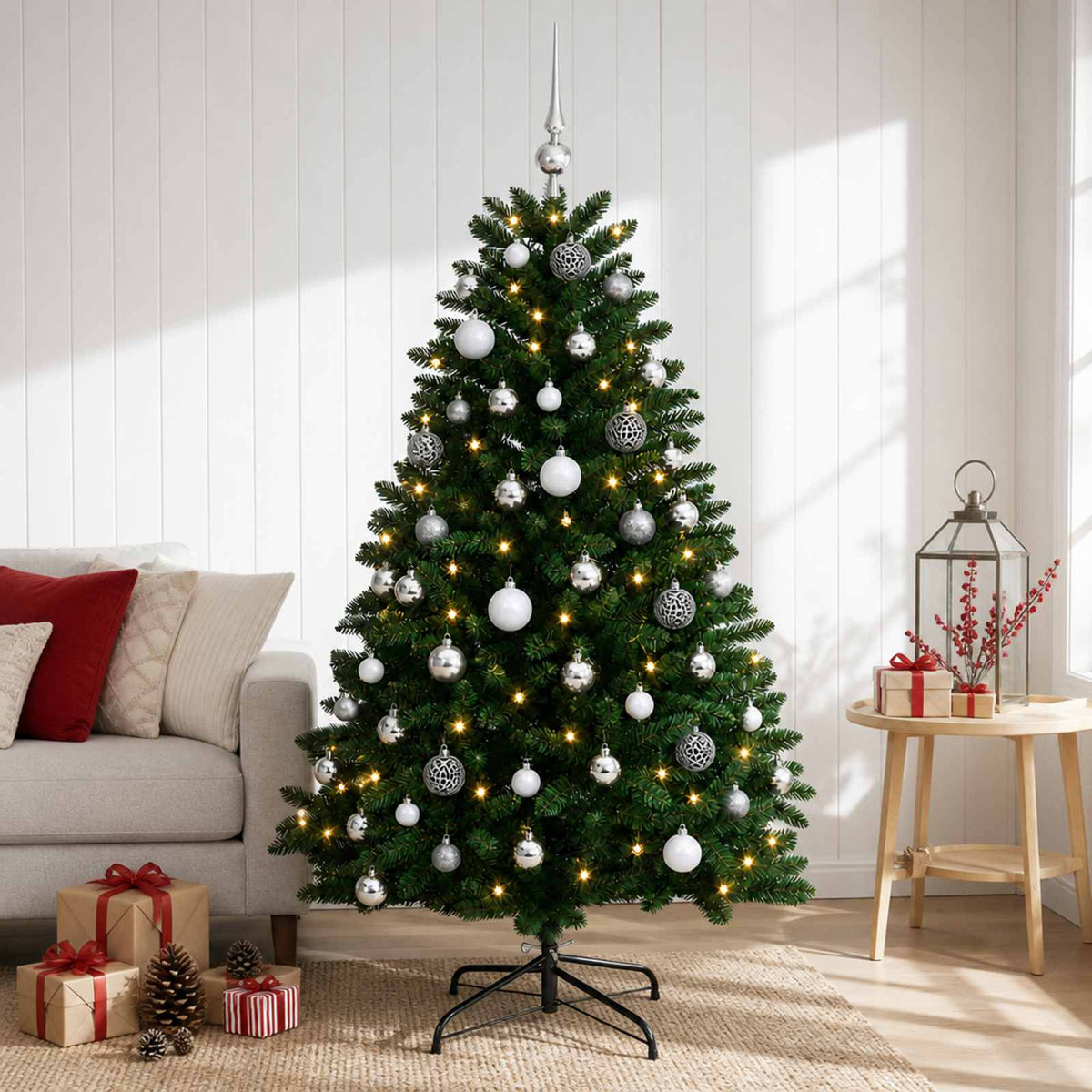 vidaXL Kunstkerstboom middengroen met kerstbal 180 cm 300 LED's