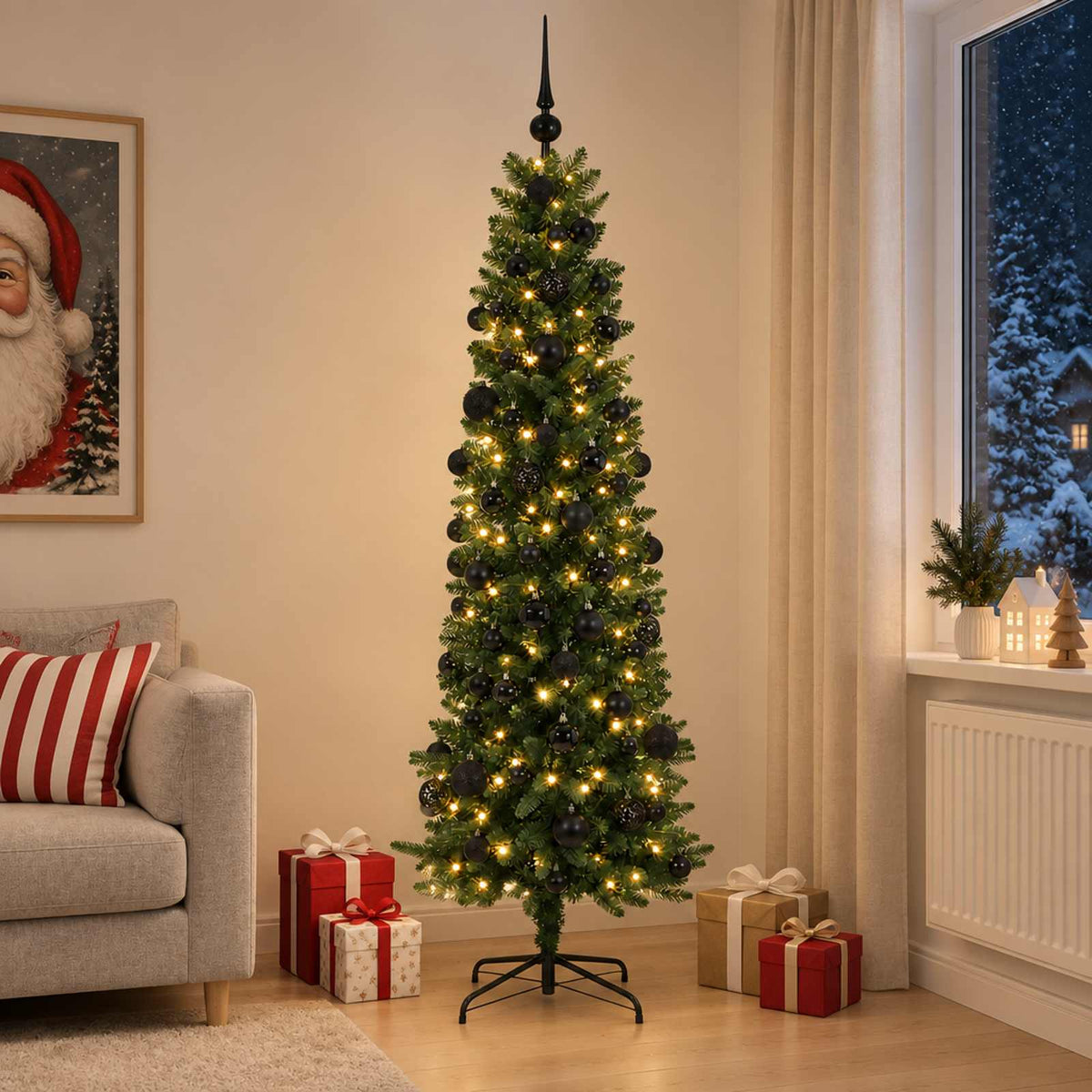 vidaXL Smalle kunstkerstboom met kerstballen 180 cm 300 LED's Warmwit