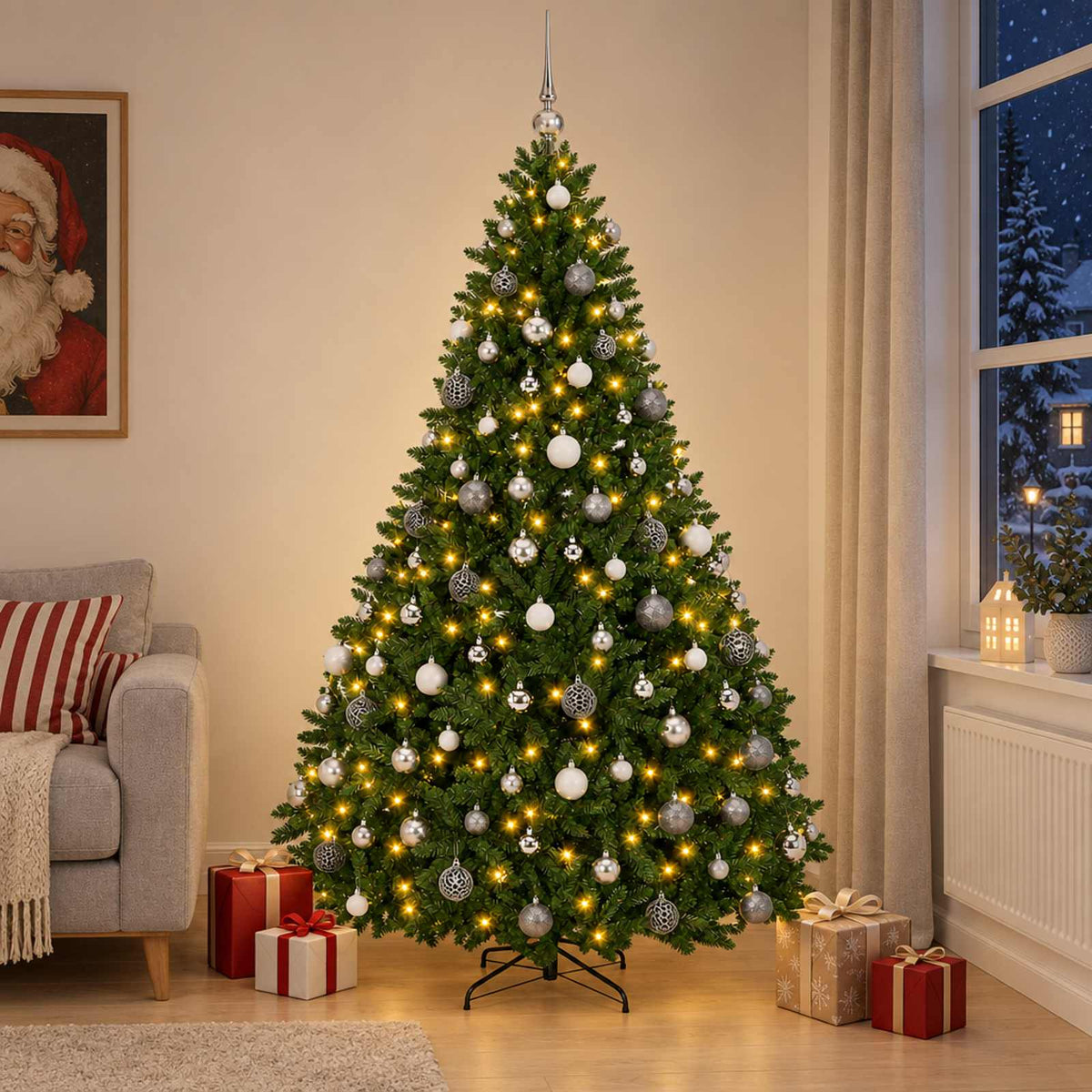vidaXL Kunstkerstboom middengroen met kerstbal 240 cm 300 LED's