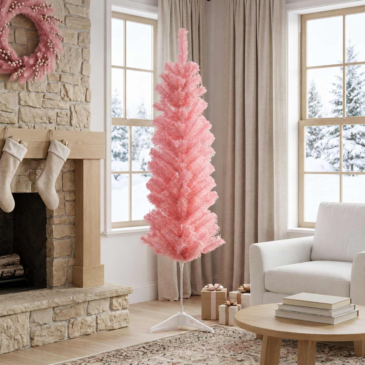 Kunstmatige slanke kerstboom 150 cm PVC en staal Roze is nu te koop bij PeponiXL, paradijselijk wonen!