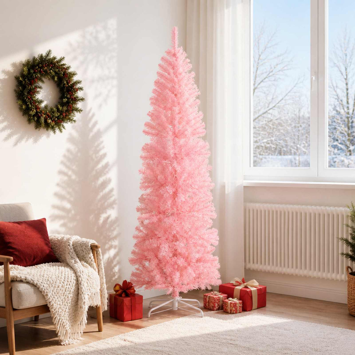 Kunstmatige slanke kerstboom 180 cm PVC en staal Roze is nu te koop bij PeponiXL, paradijselijk wonen!