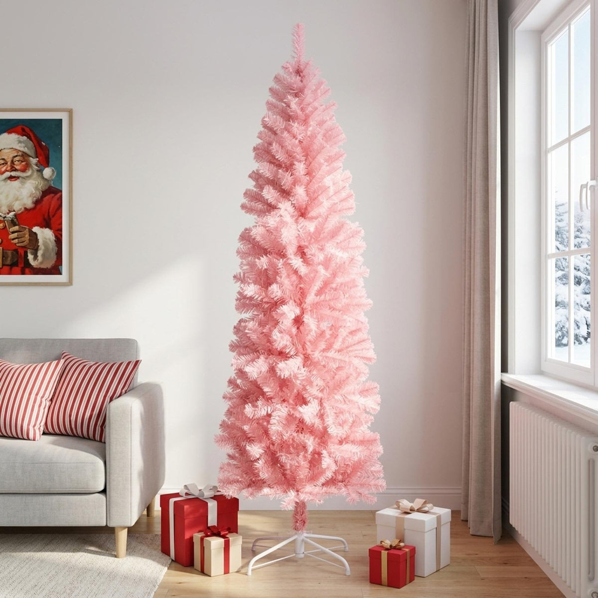 vidaXL Kunstmatige slanke kerstboom 210 cm PVC en staal Roze