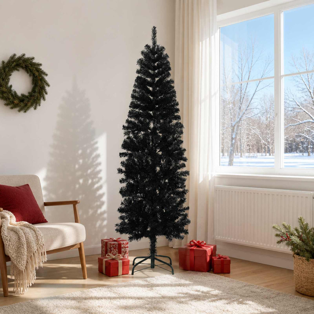 vidaXL Kunstmatige slanke kerstboom 180 cm PVC en staal Zwart