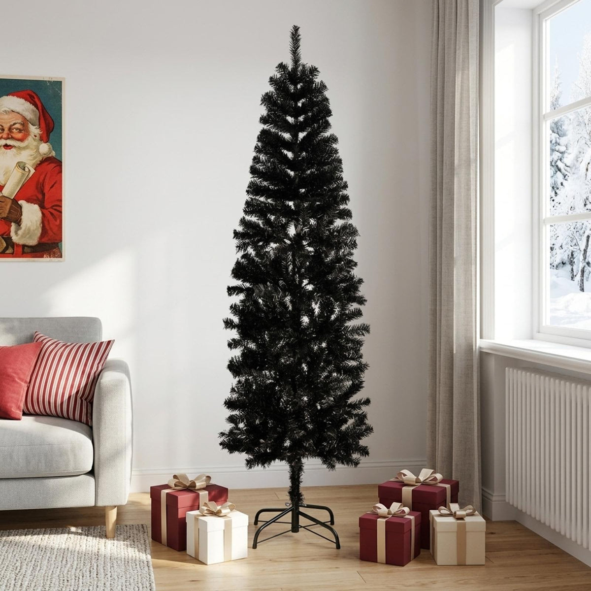 Kunstmatige slanke kerstboom 210 cm PVC en staal Zwart is nu te koop bij PeponiXL, paradijselijk wonen!