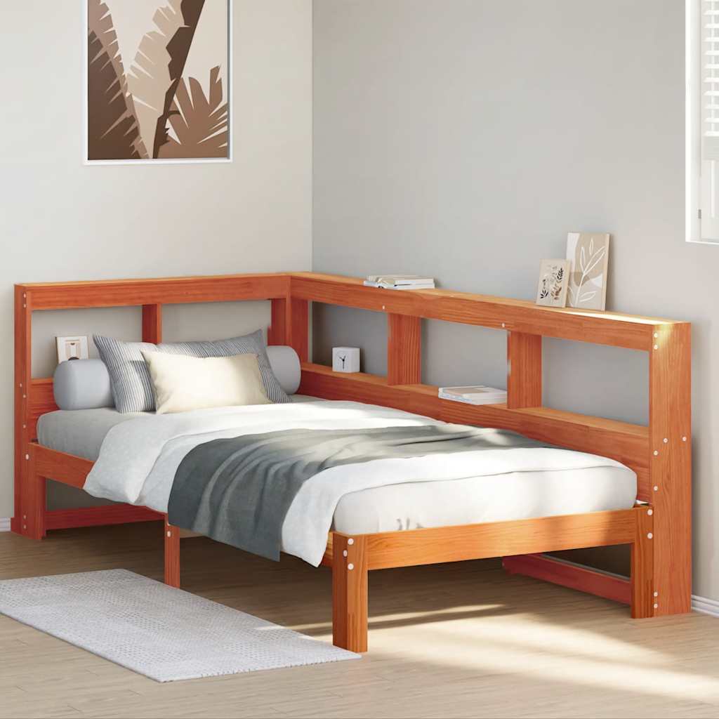 Bed met boekenkast zonder matras grenenhout wasbruin 90x190 cm