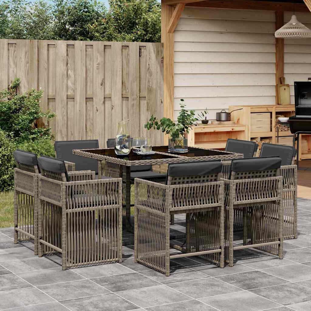 9-delige Tuinset met kussens poly rattan grijs