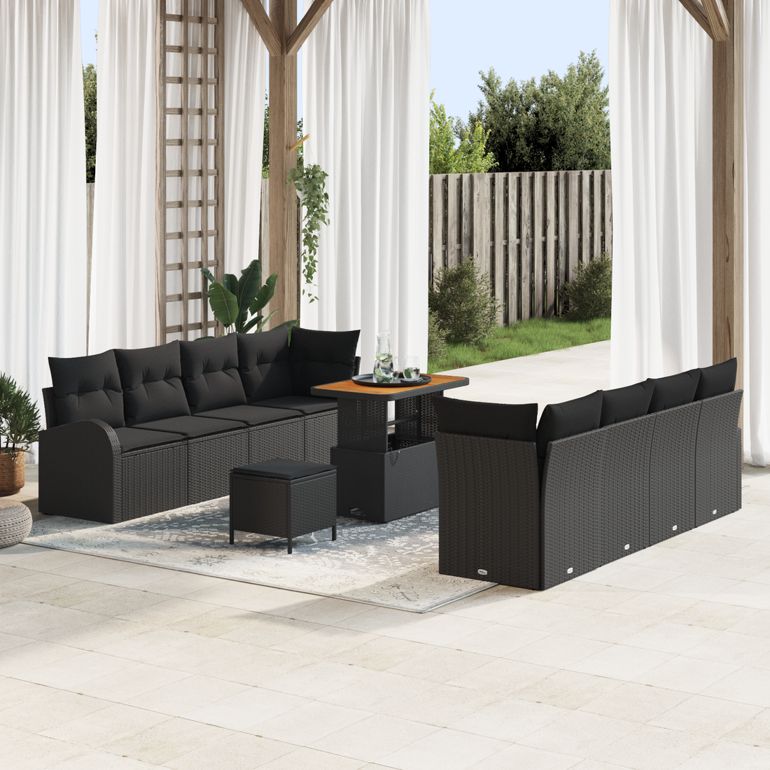11-delige Tuinbankenset met kussens poly rattan acacia zwart