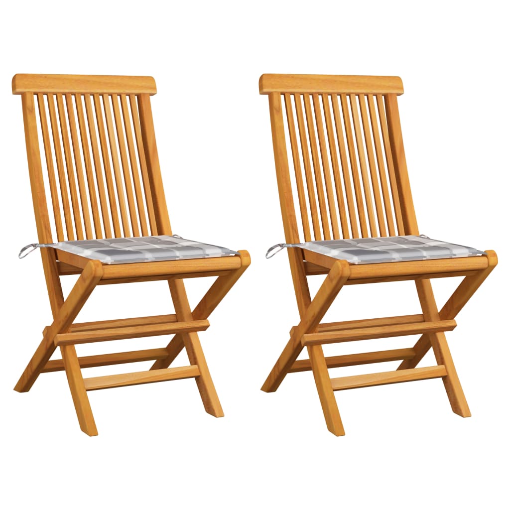 Tuinstoelen 2 st met grijs geruite kussens massief teakhout