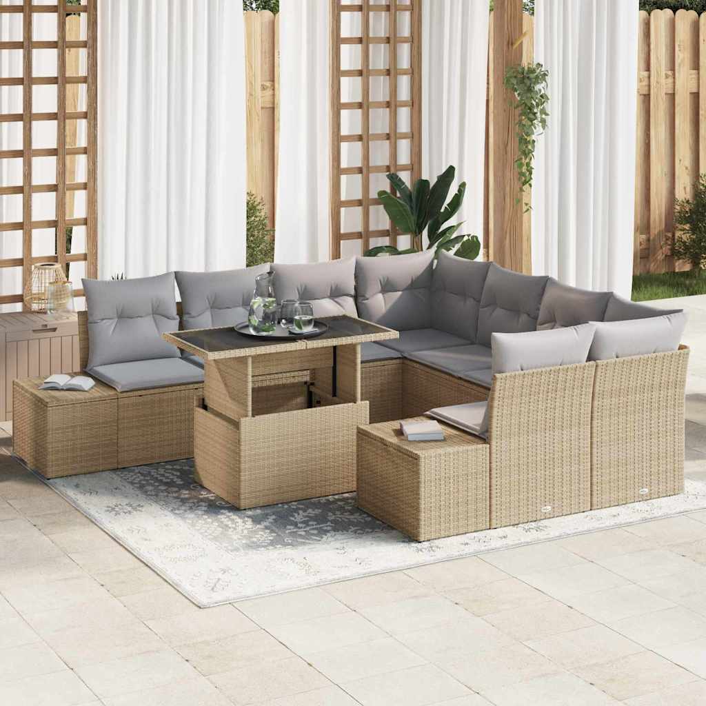 9-delige tuinset met kussens - beige poly rattan