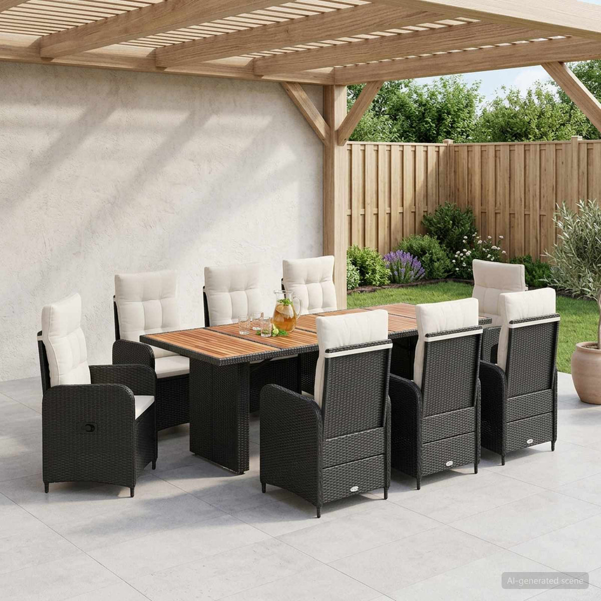 Buiten eettafelset 9 st Zwart en Cream Wit poly rattan is nu te koop bij PeponiXL, paradijselijk wonen!