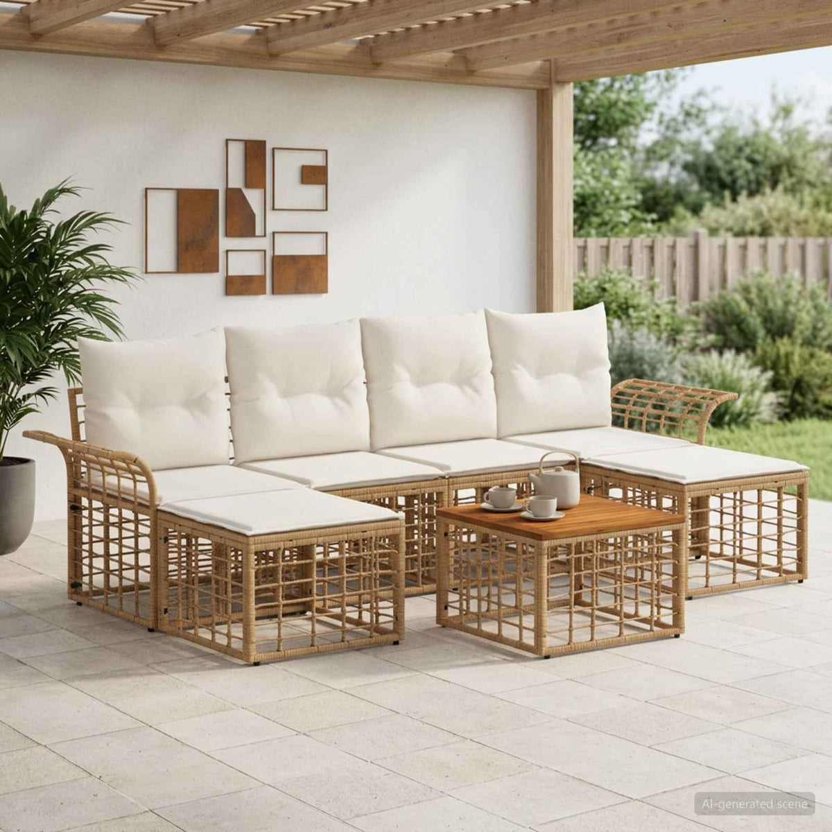 Buiten bankenset 7 pcs Natuurlijk en Crème Wit Polyester is nu te koop bij PeponiXL, paradijselijk wonen!