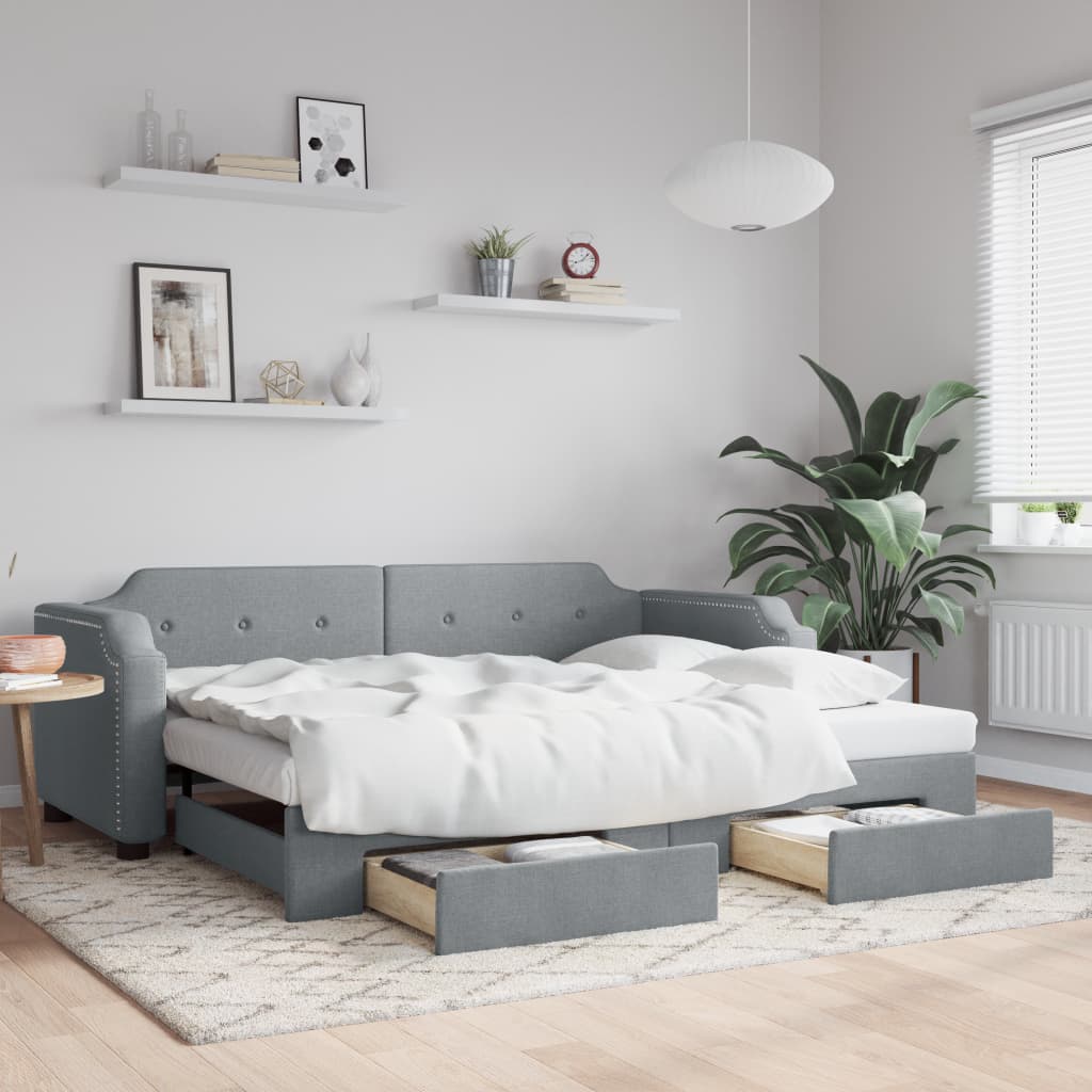 Slaapbank met onderschuifbed en lades 90x200 cm stof lichtgrijs is nu te koop bij PeponiXL, paradijselijk wonen!