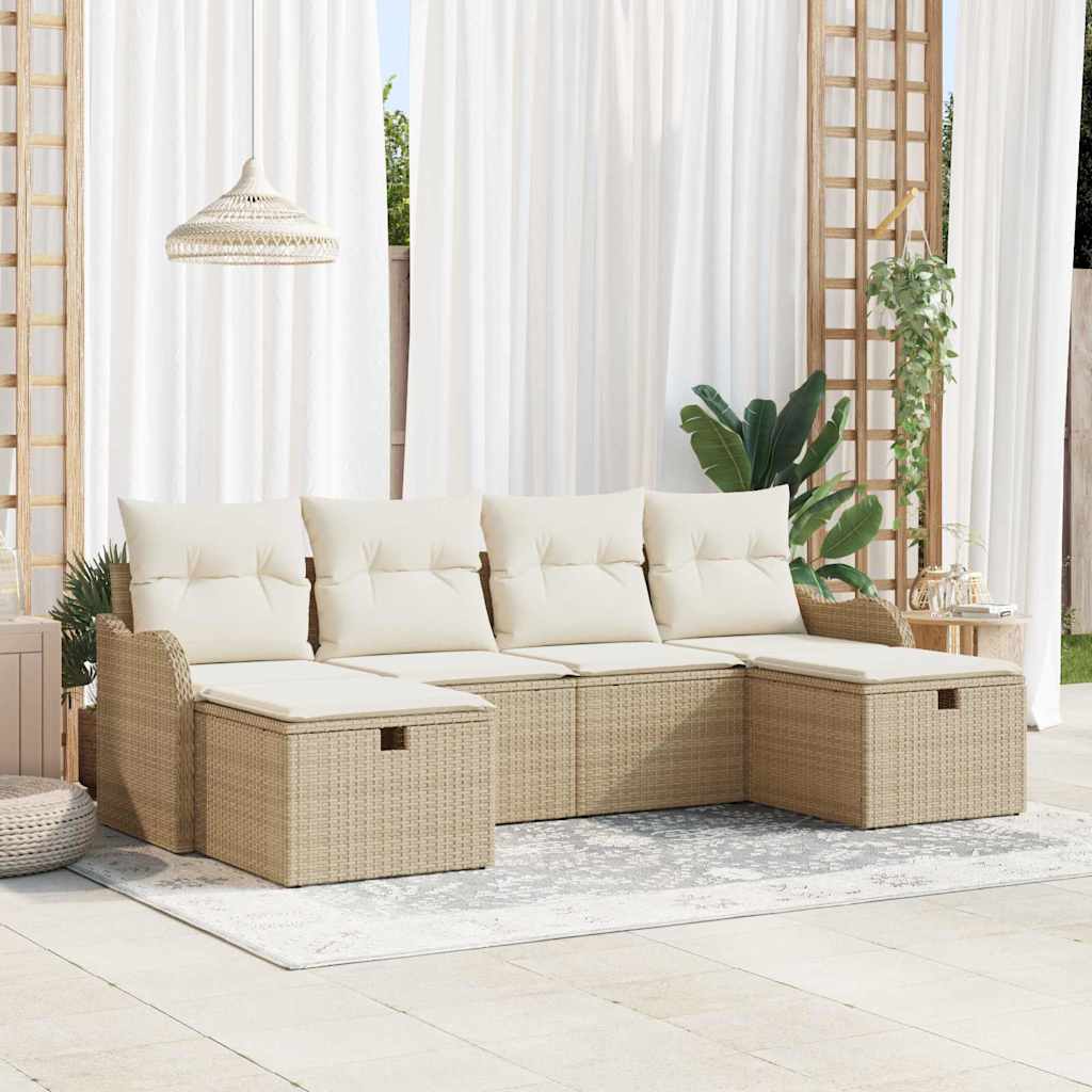 Bankstel met kussen met opslag 6 pcs Beige en Crème poly rattan is nu te koop bij PeponiXL, paradijselijk wonen!