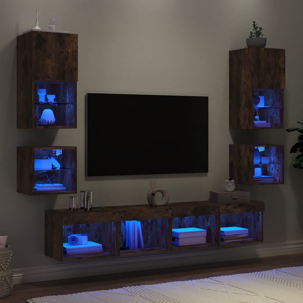 8-delige tv-wandmeubelset met LED bewerkt hout gerookt eiken is nu te koop bij PeponiXL, paradijselijk wonen!