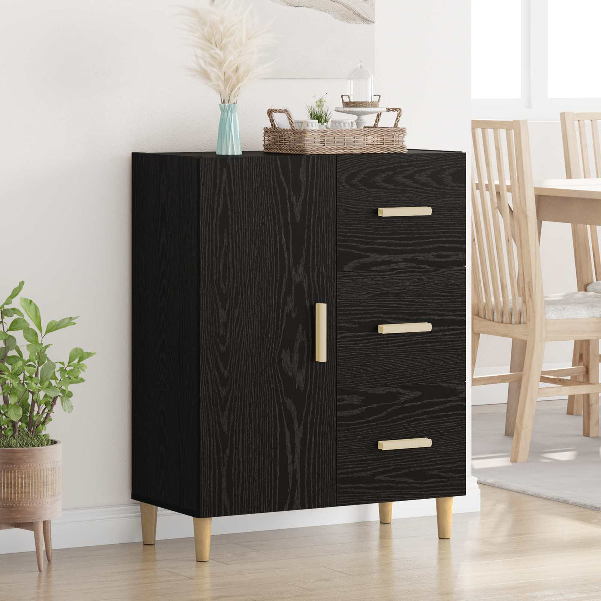 Dressoir met lade Zwart eiken 34 x 69.5 x 90 cm Bewerkt hout is nu te koop bij PeponiXL, paradijselijk wonen!