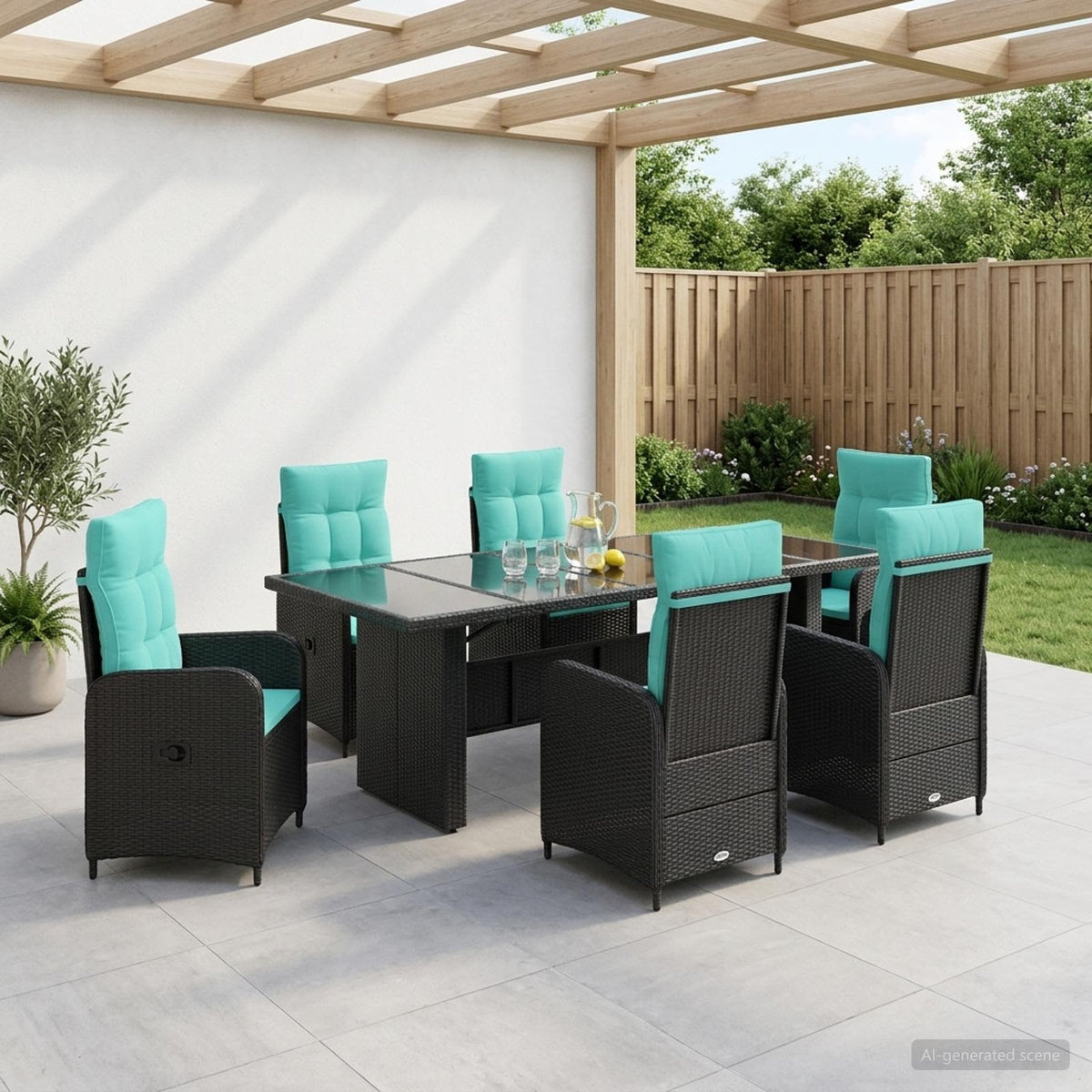 Buiten eettafelset 7 st Zwart en Turquoise poly rattan is nu te koop bij PeponiXL, paradijselijk wonen!
