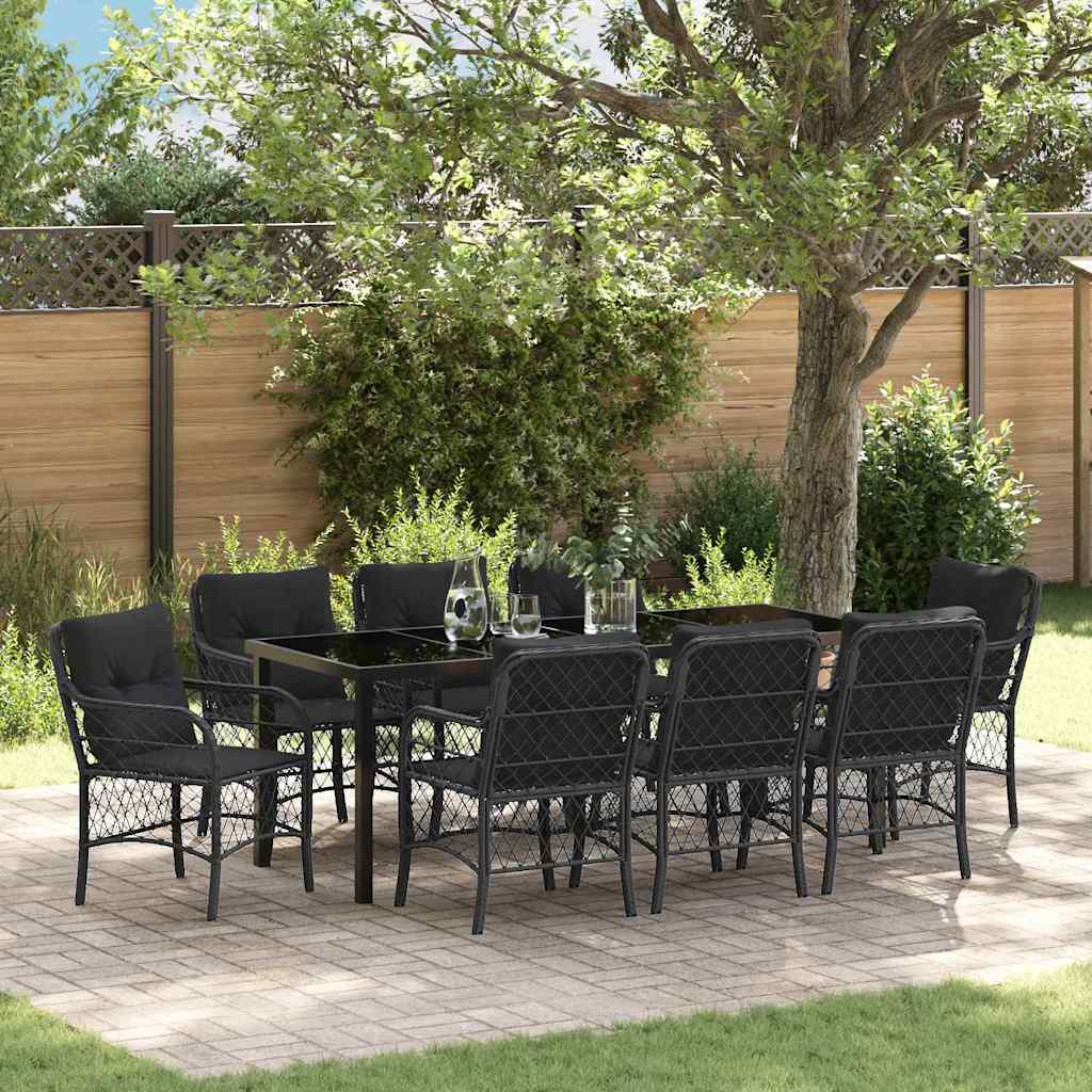 Tuin eettafelset met kussen 9 pcs Zwart poly rattan is nu te koop bij PeponiXL, paradijselijk wonen!