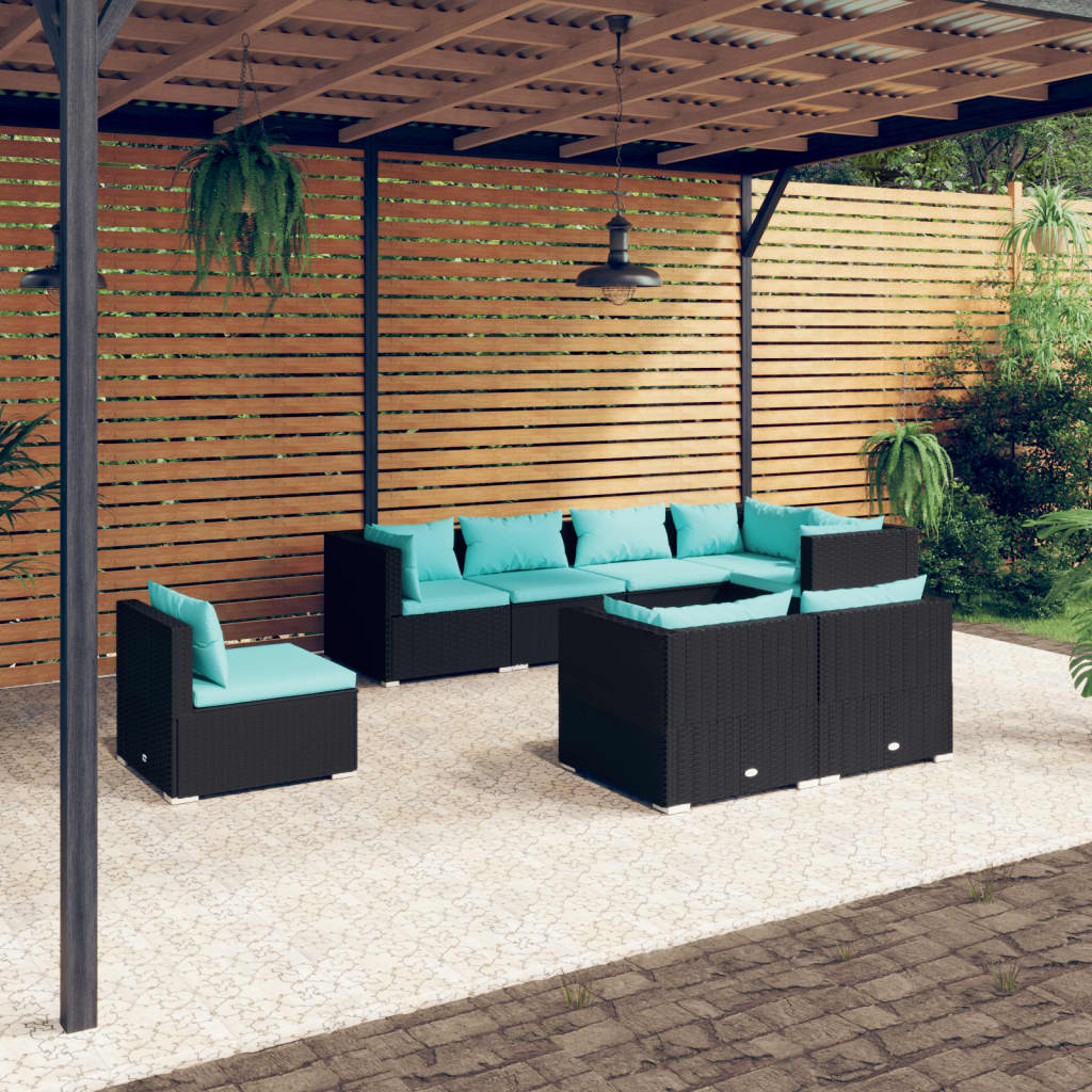 8-delige Loungeset met kussens poly rattan zwart is nu te koop bij PeponiXL, paradijselijk wonen!