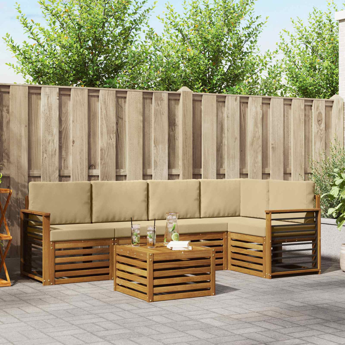 Hoekbank Set 6 pcs Natuurlijk en Beige Massief Acaciahout is nu te koop bij PeponiXL, paradijselijk wonen!