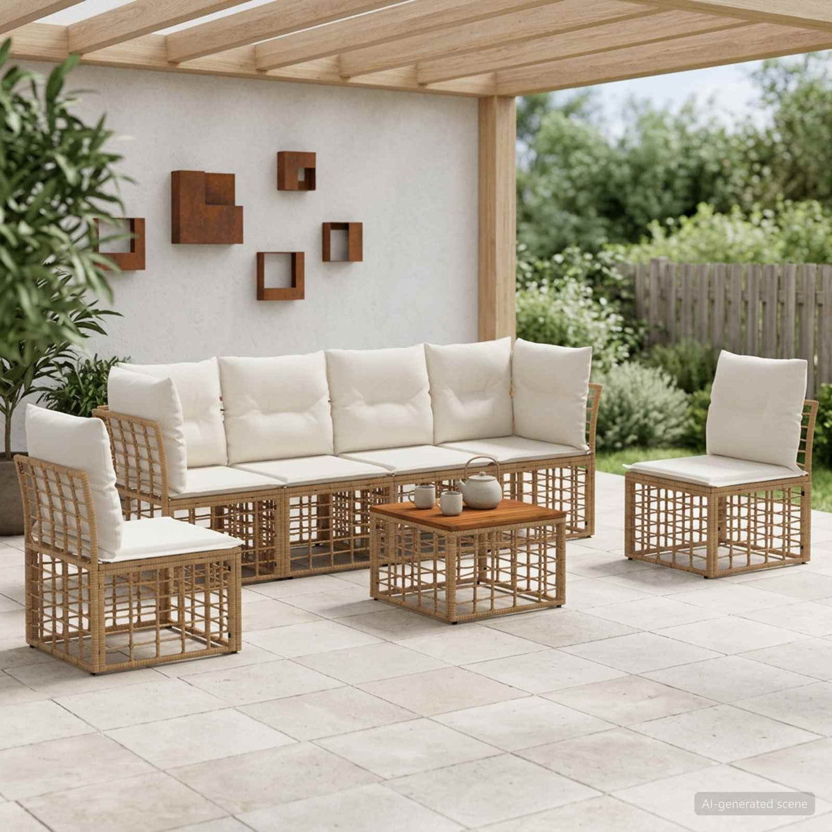 Buiten bankenset 7 pcs Natuurlijk en Crème Wit Polyester is nu te koop bij PeponiXL, paradijselijk wonen!