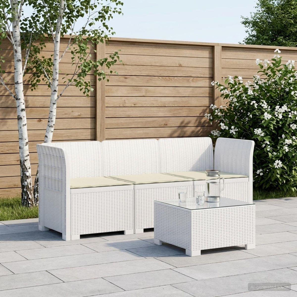 3-zits tuinbank met kussens in rattanlook PP Wit is nu te koop bij PeponiXL, paradijselijk wonen!