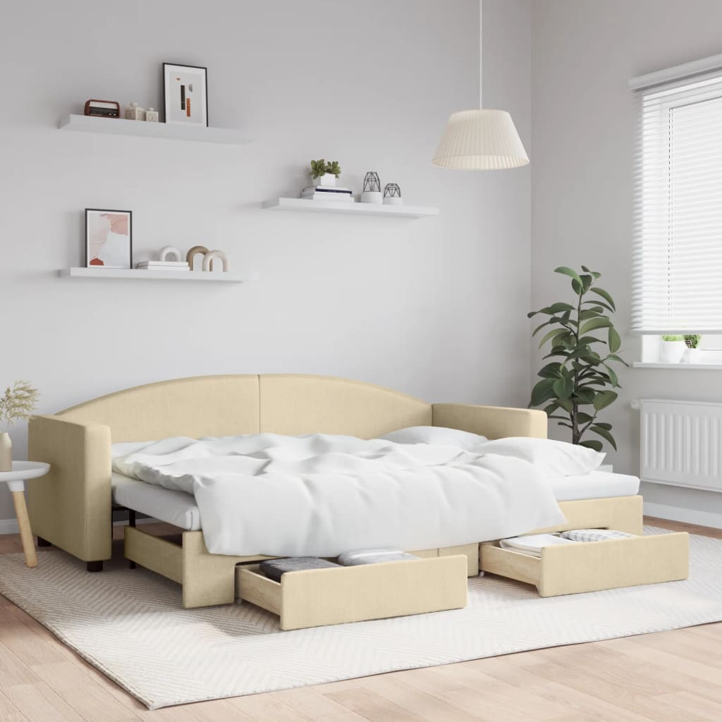 Slaapbank met onderschuifbed en lades 80x200 cm stof crèmekleur is nu te koop bij PeponiXL, paradijselijk wonen!