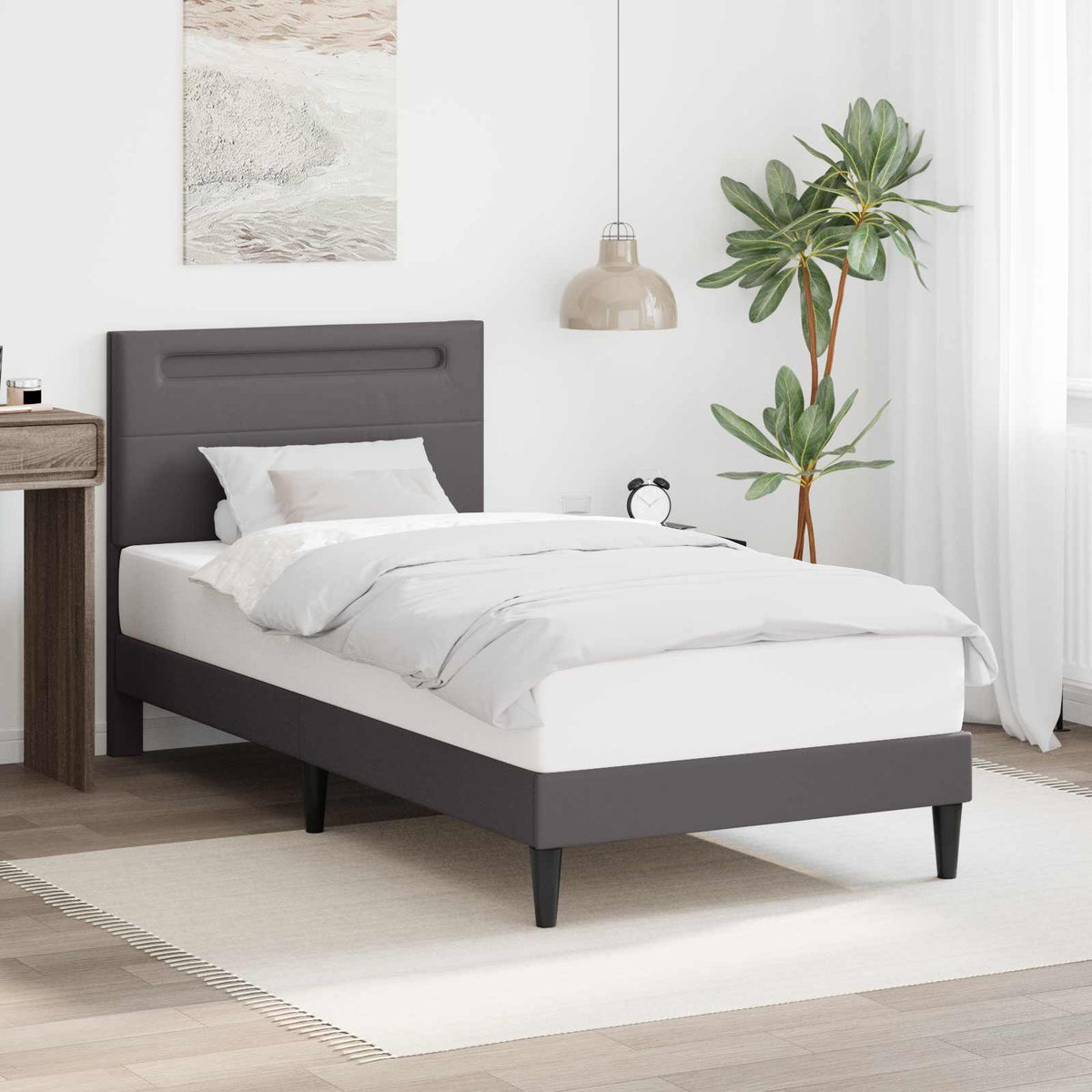 Bedframe met LED-stripverlichting Grijs 100 x 200 cm Kunstleer is nu te koop bij PeponiXL, paradijselijk wonen!