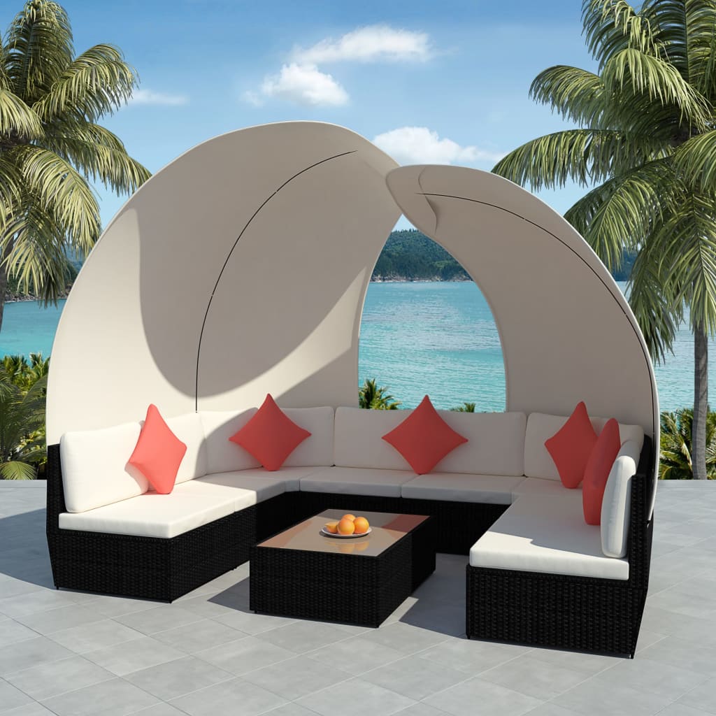9-delige Loungeset met luifels poly rattan zwart is nu te koop bij PeponiXL, paradijselijk wonen!