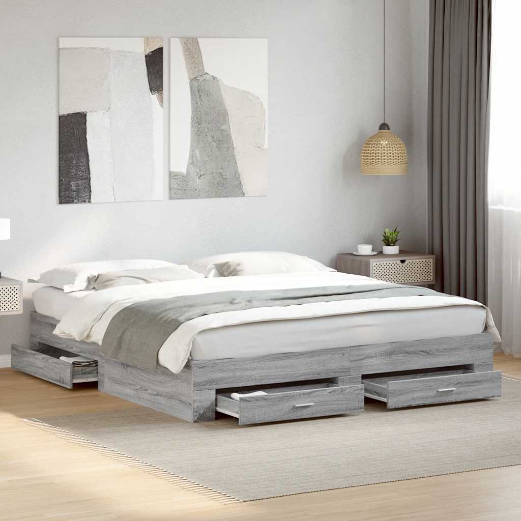 Bedframe met lades bewerkt hout grijs sonoma eiken 180x200 cm is nu te koop bij PeponiXL, paradijselijk wonen!