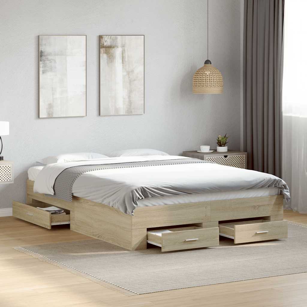 Bedframe met lades bewerkt hout sonoma eikenkleurig 140x190 cm is nu te koop bij PeponiXL, paradijselijk wonen!