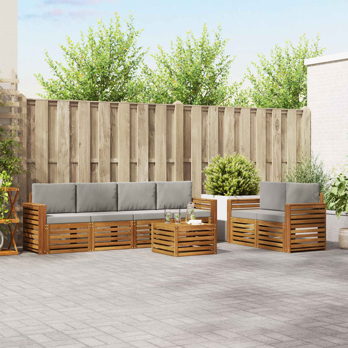 Buiten bankenset met kussen 7 pcs Natuurlijk en Lichtgrijs is nu te koop bij PeponiXL, paradijselijk wonen!