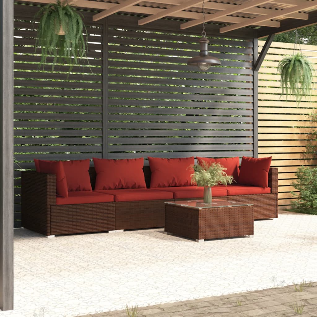 5-delige Loungeset met kussens poly rattan bruin is nu te koop bij PeponiXL, paradijselijk wonen!
