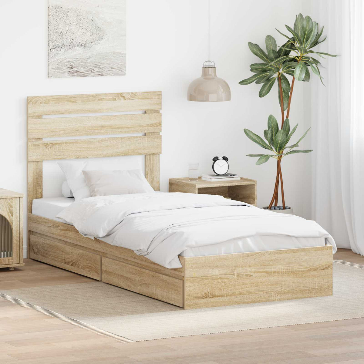 Opslag bed met hoofdeinde Sonoma Eiken 90 x 190 cm Bewerkt hout is nu te koop bij PeponiXL, paradijselijk wonen!