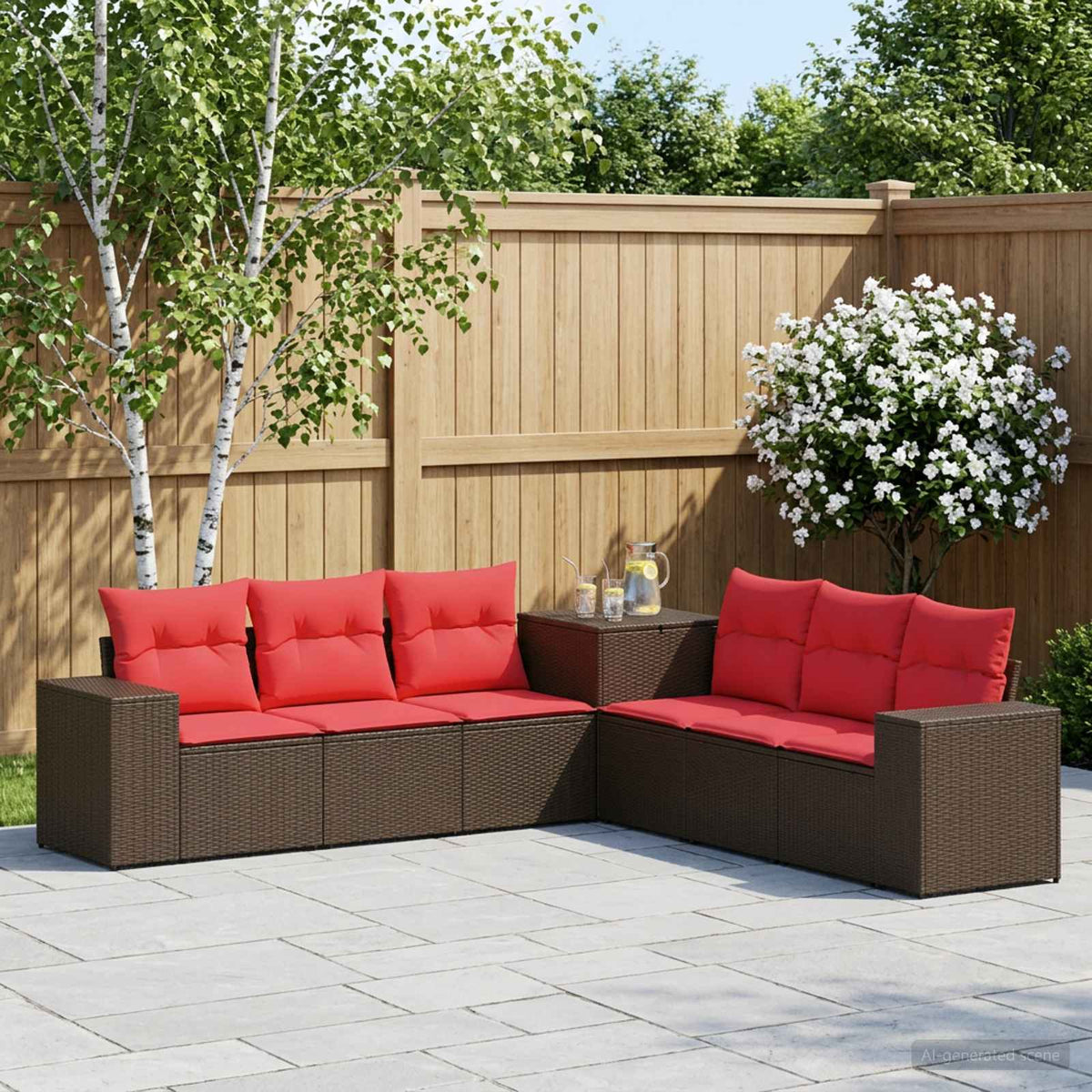 Bankstel 7 pcs Bruin en Rood Poly Rattan en Staal is nu te koop bij PeponiXL, paradijselijk wonen!