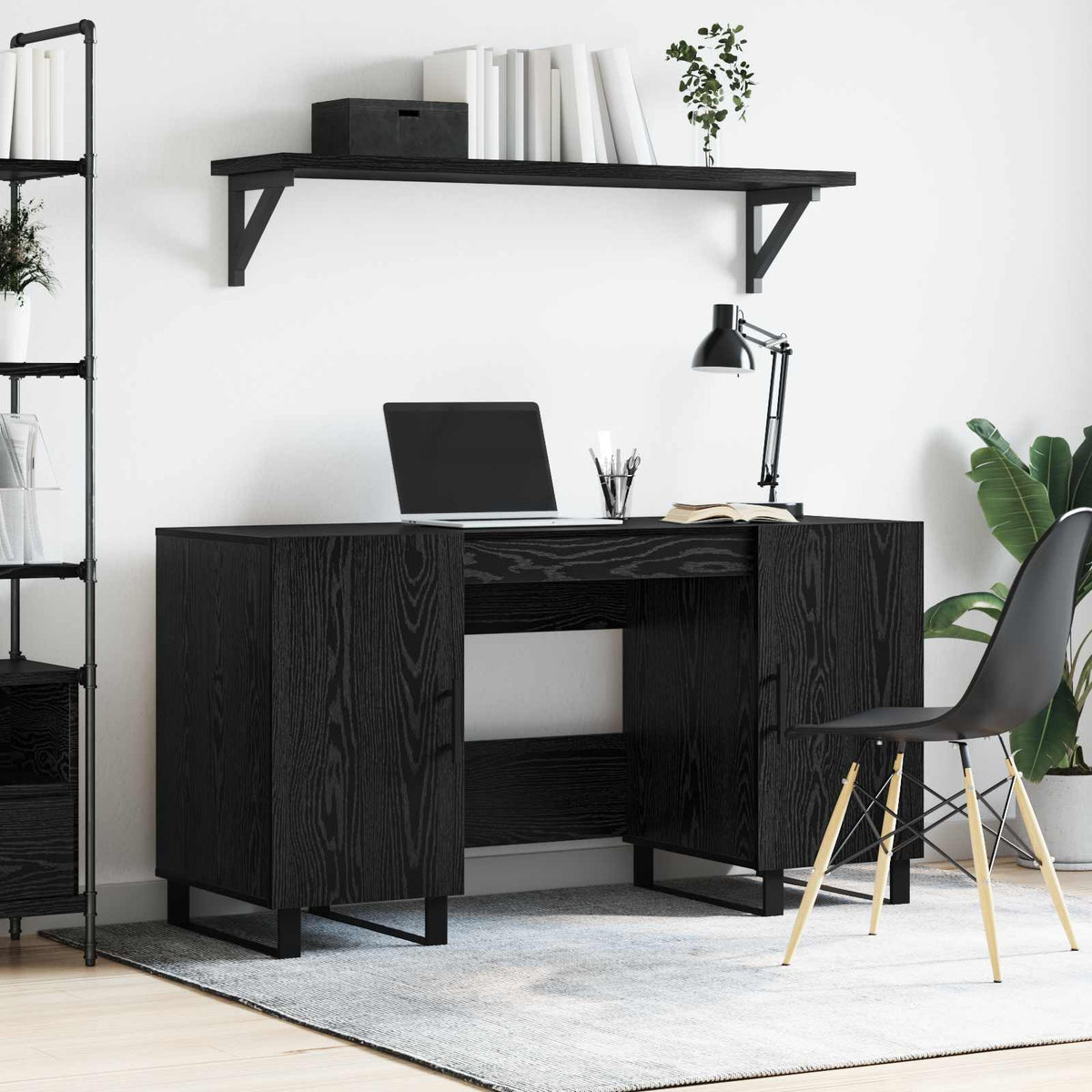 Bureau met plank Zwart eiken 140 x 50 x 75 cm Bewerkt hout is nu te koop bij PeponiXL, paradijselijk wonen!