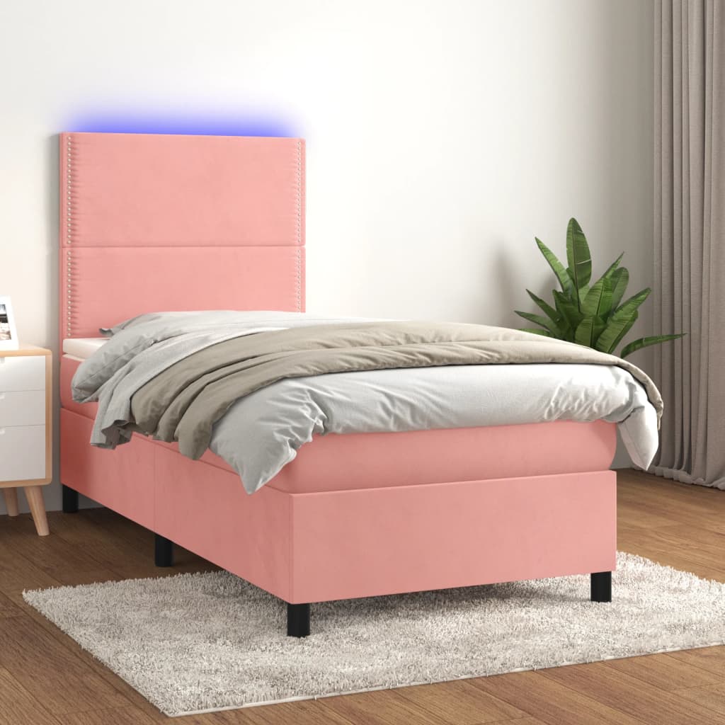 Boxspring met matras en LED fluweel roze 90x190 cm is nu te koop bij PeponiXL, paradijselijk wonen!