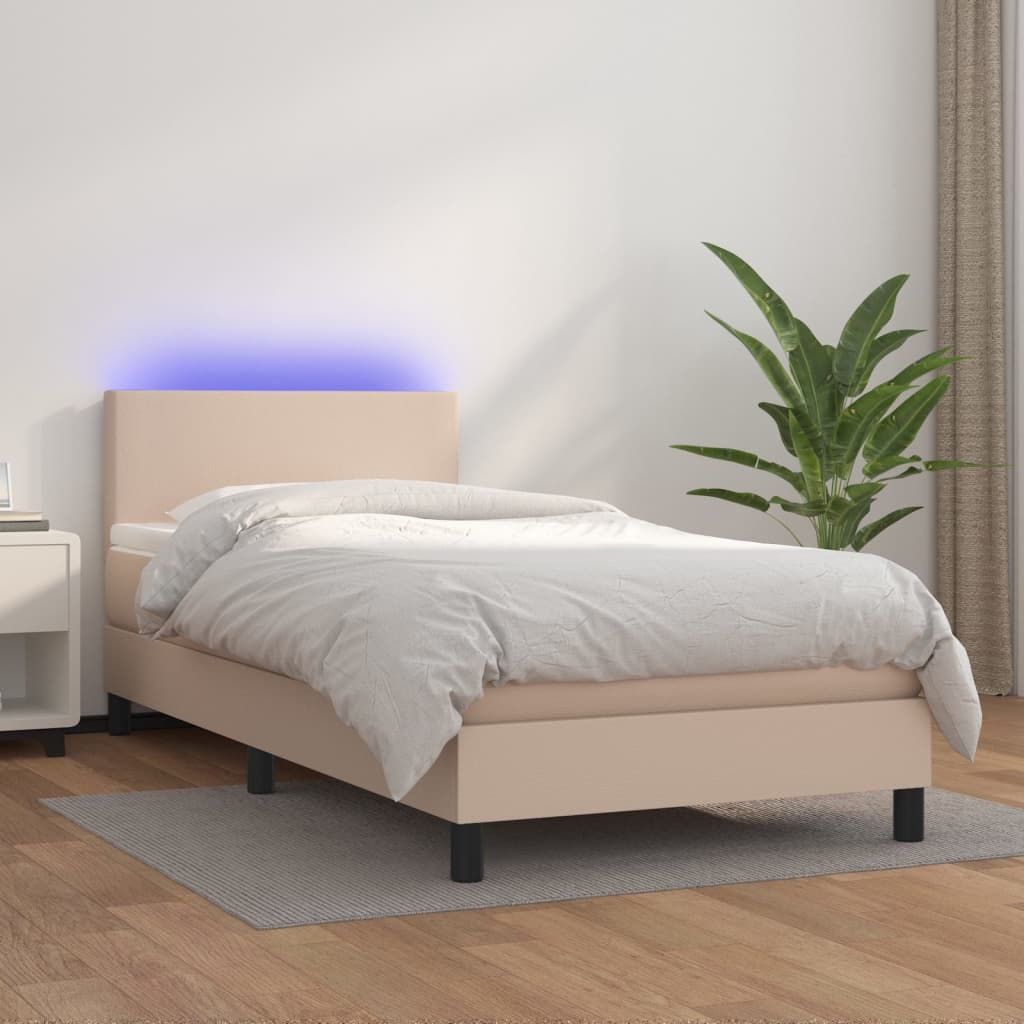 Boxspring met matras en LED kunstleer cappuccinokleur 100x200cm is nu te koop bij PeponiXL, paradijselijk wonen!