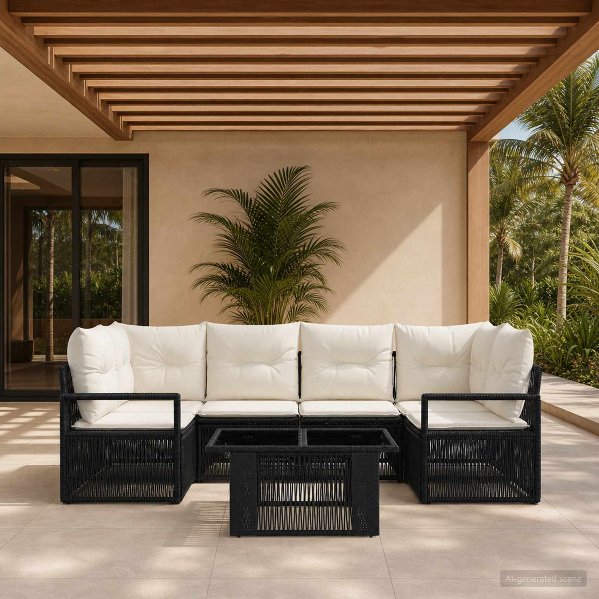 Tuinbankenset 7 st Zwart en Cream Wit poly rattan is nu te koop bij PeponiXL, paradijselijk wonen!