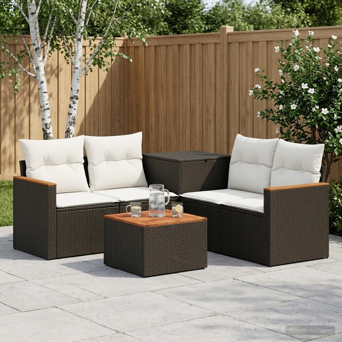 Bankstel 6 st Zwart en Cream Wit Poly Rattan en Staal is nu te koop bij PeponiXL, paradijselijk wonen!