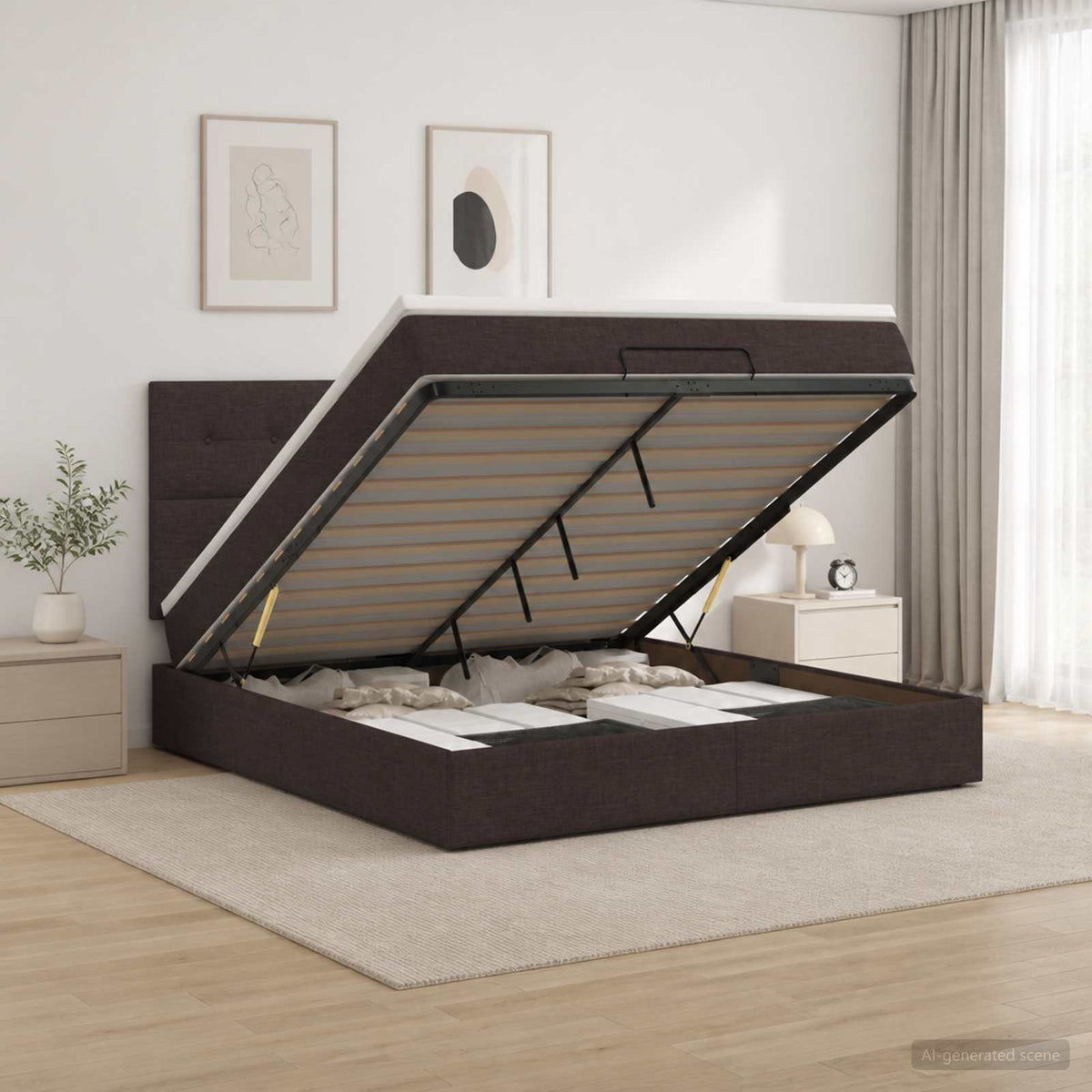 Ottoman Bed met Matrassen en LED Donkerbruin 140 x 200 cm Stof is nu te koop bij PeponiXL, paradijselijk wonen!