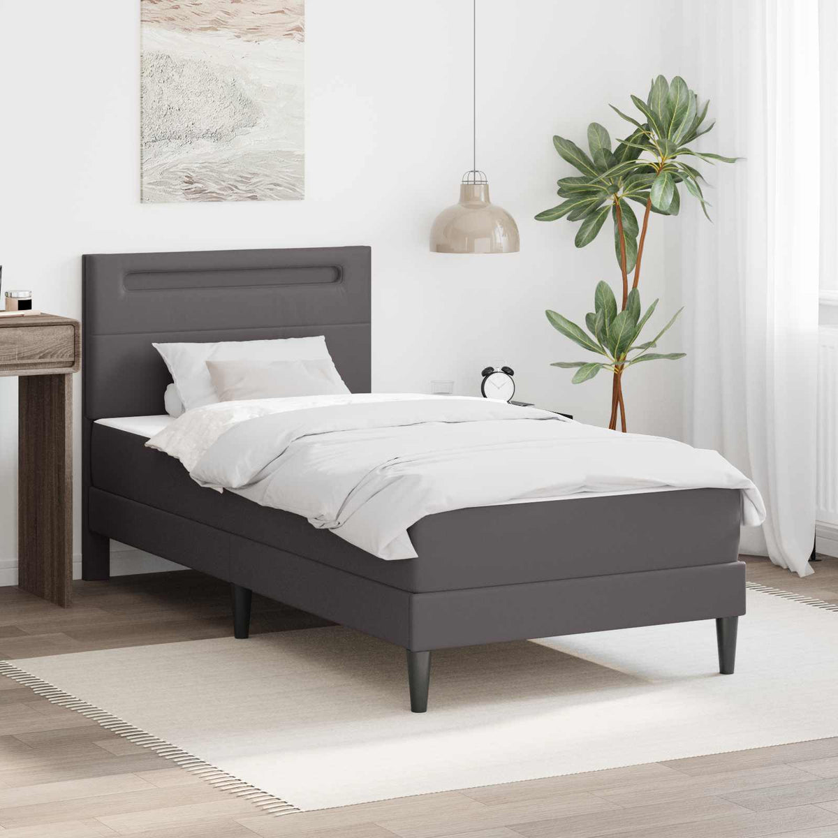 Bedframe met LED-stripverlichting Grijs 90 x 200 cm Kunstleer is nu te koop bij PeponiXL, paradijselijk wonen!