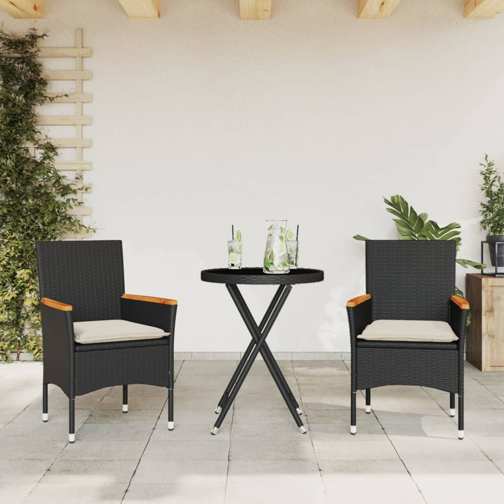 3-delige Bistroset met kussens poly rattan en glas zwart is nu te koop bij PeponiXL, paradijselijk wonen!