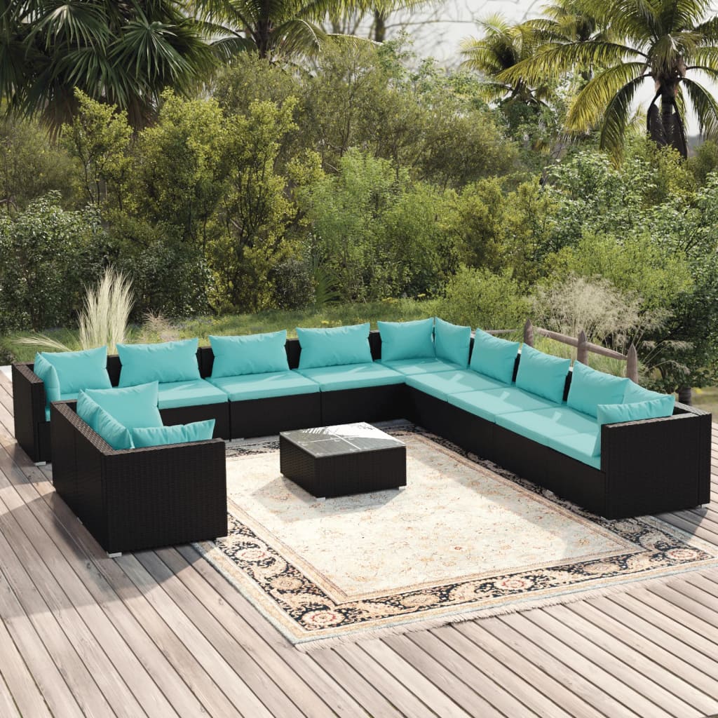 12-delige Loungeset met kussens poly rattan zwart is nu te koop bij PeponiXL, paradijselijk wonen!