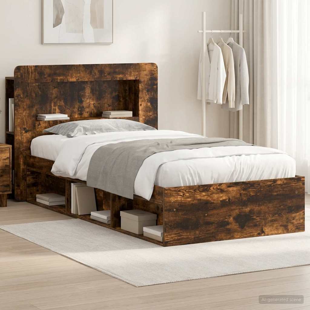 Bedframe met opslag Gerookt eiken 90 x 200 cm Bewerkt hout is nu te koop bij PeponiXL, paradijselijk wonen!