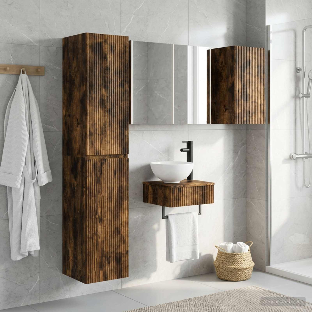 vidaXL Badkamermeubelset 5 st Gerookt eiken Bewerkt hout en glas