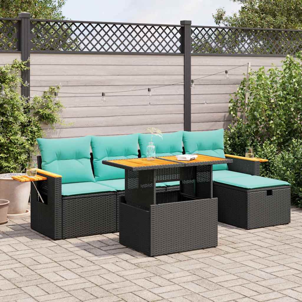 6-delige Loungeset met kussens poly rattan acacia zwart is nu te koop bij PeponiXL, paradijselijk wonen!