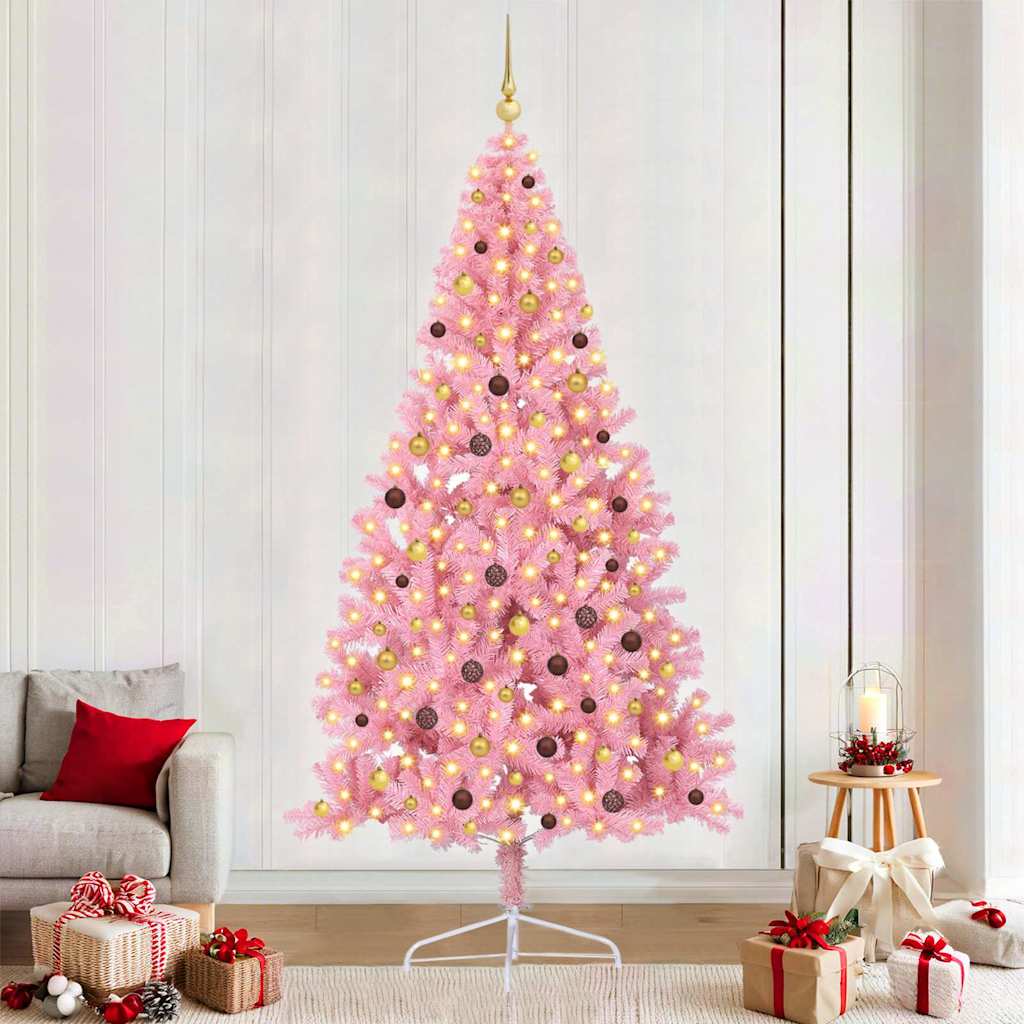 Kunstmatig Voorverlicht Kerstboom met 300 LED Roze 240 cm PVC is nu te koop bij PeponiXL, paradijselijk wonen!