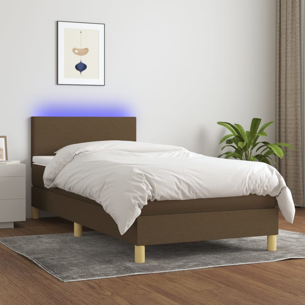 Boxspring met matras en LED stof donkerbruin 90x190 cm is nu te koop bij PeponiXL, paradijselijk wonen!