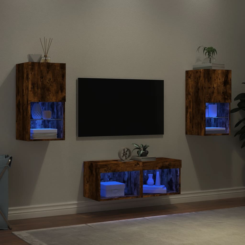 4-delige tv-wandmeubelset met LED-verlichting gerookt eiken is nu te koop bij PeponiXL, paradijselijk wonen!