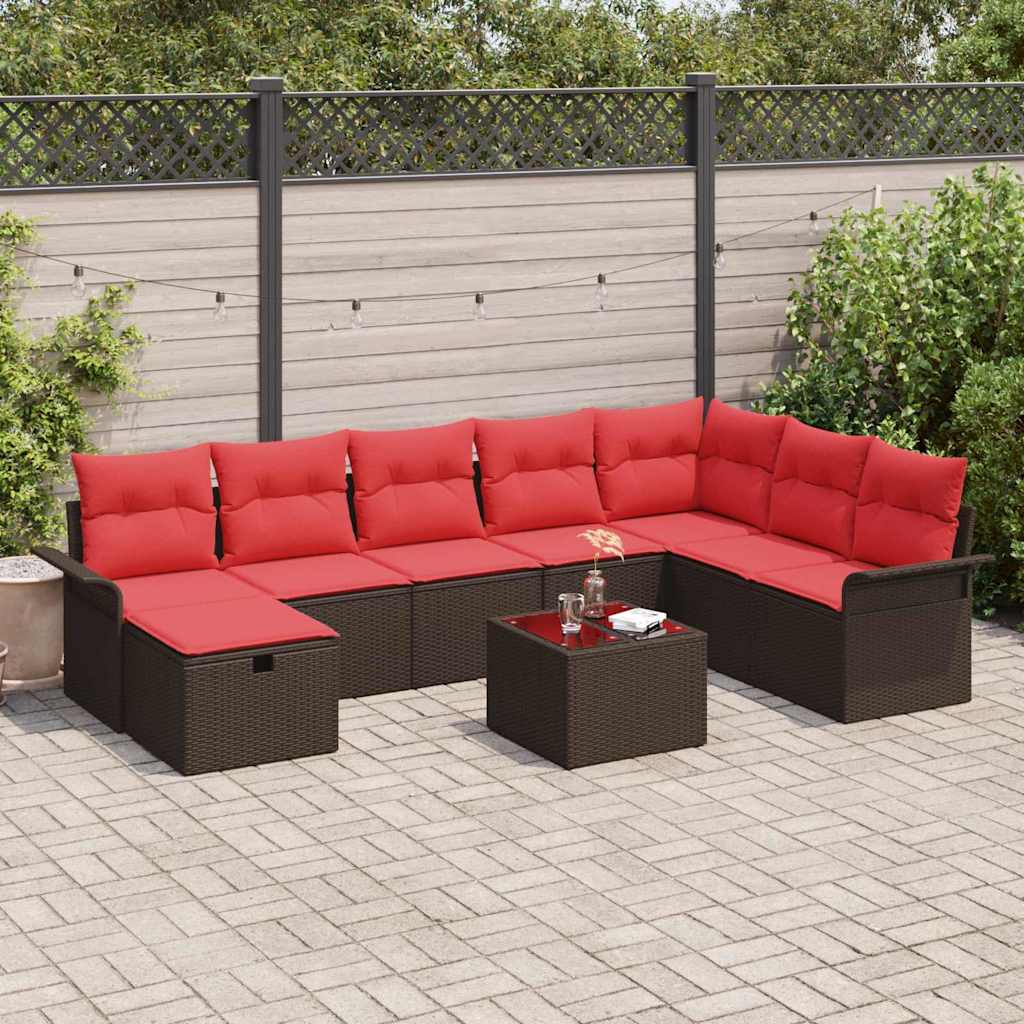 Tuin Sofa Set met kussen 9 pcs Bruin en Rood poly rattan is nu te koop bij PeponiXL, paradijselijk wonen!